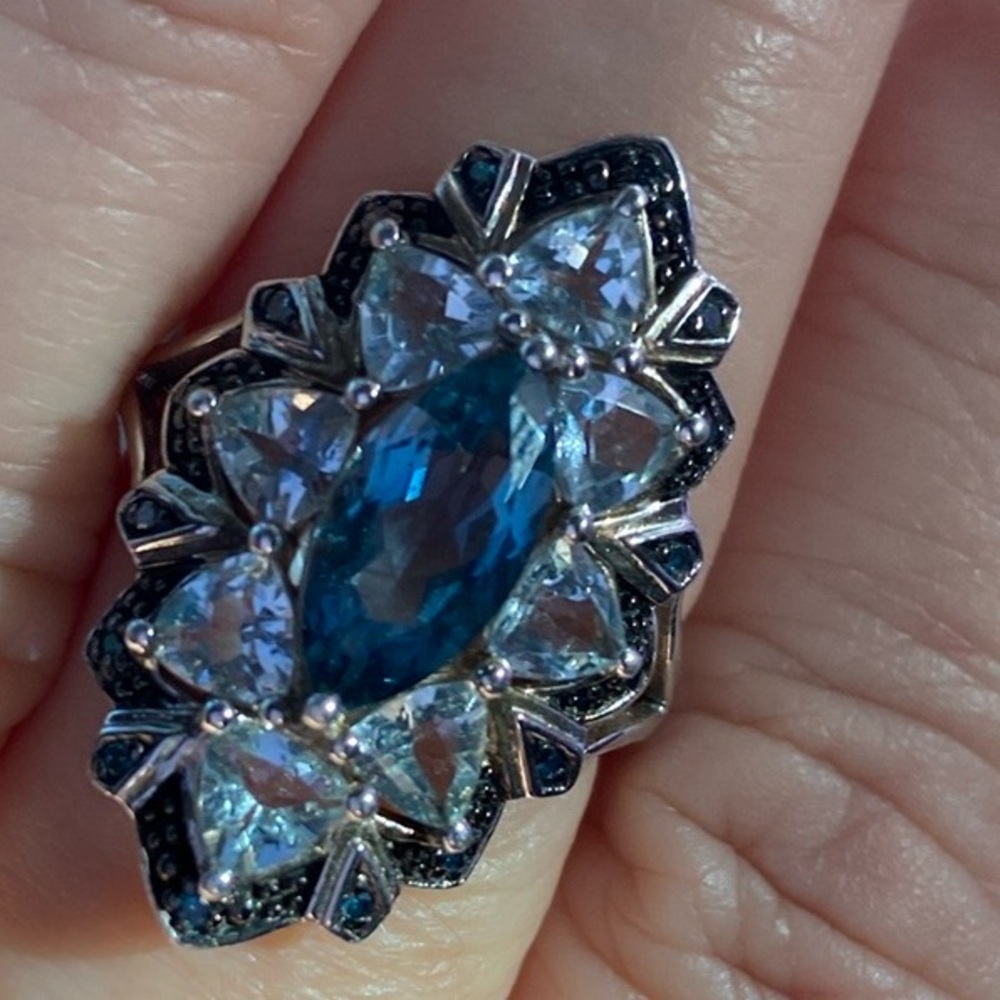 London Blue Topaz Aquamarine Gemstone Ring with Blue Diamonds in Sterling Silver